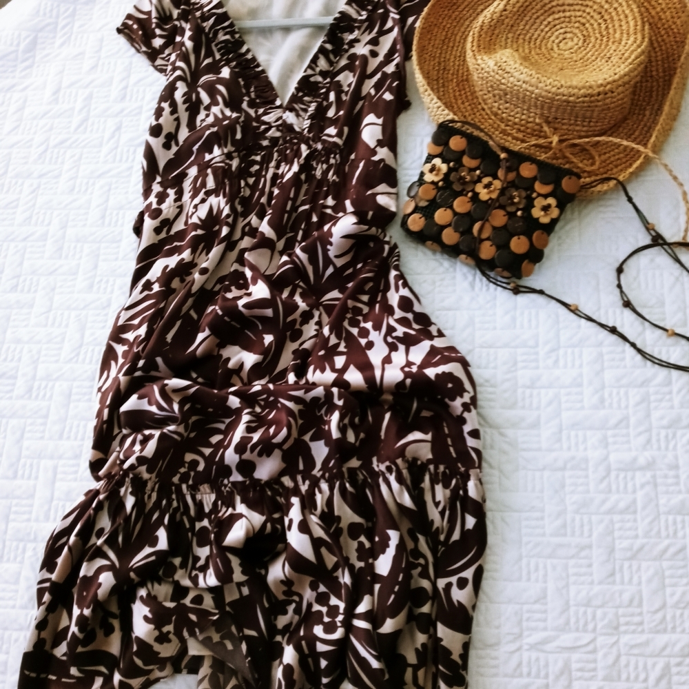 Brown and Cream V-Neck Women's Summer Dress